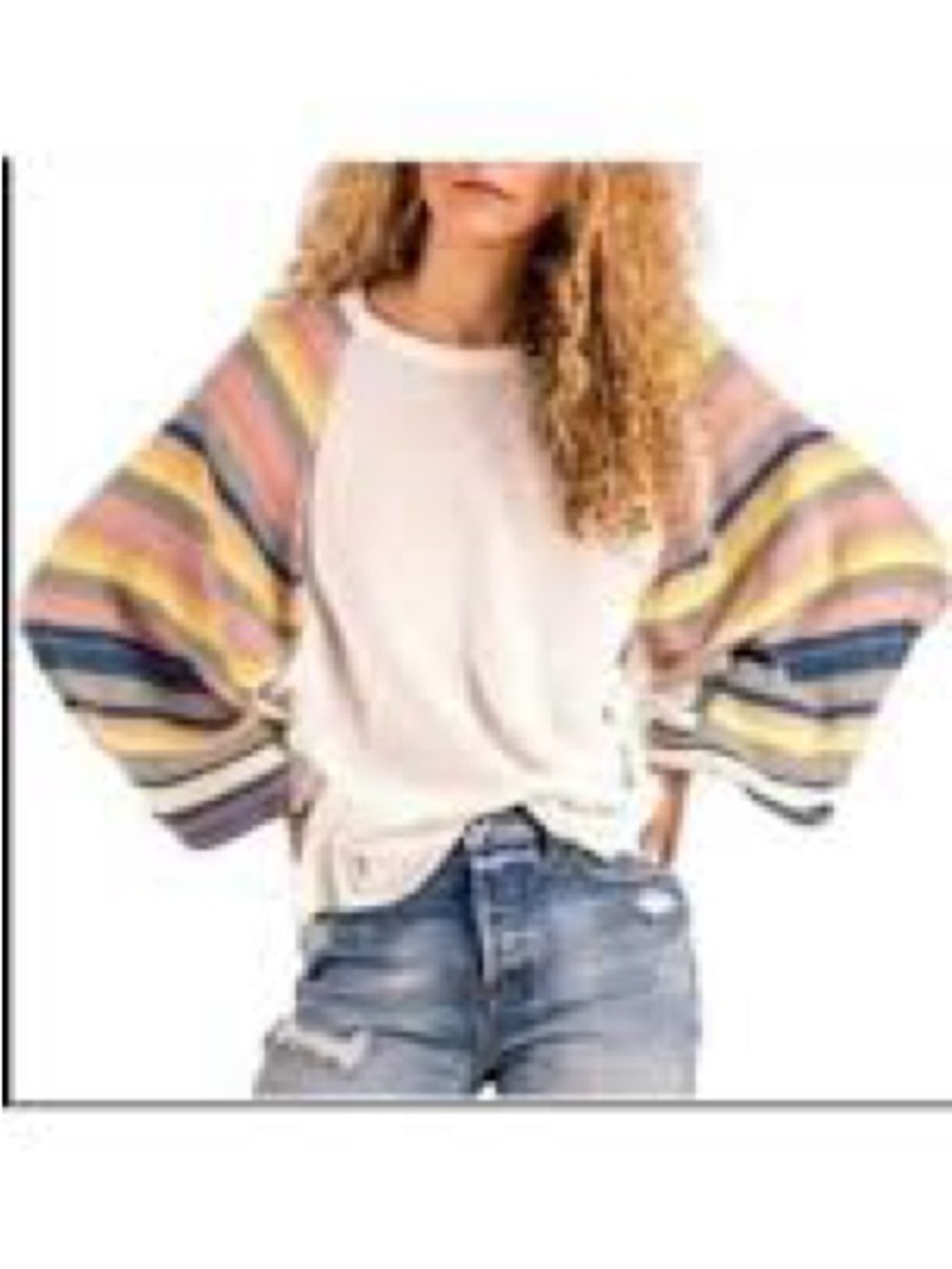 We The Free Cream Pullover with Multicolor Striped Balloon Sleeves